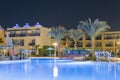 Hurghada, Egypt. November 19 2018 luxury resort with pool at night view. hotel outdoor landscape with pool. Night pool side of Royalty Free Stock Photo