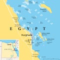 Hurghada, tourist centres on Red Sea coast in Egypt, political map