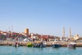 HURGHADA, EGYPT - September 22, 2021 : Mosque El Mina Masjid and the marina with the ships in Hurghada in sunny day Royalty Free Stock Photo