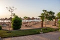 Sunrise on the beach with parasol overlooking the Red Sea in Hurghada, Egypt Royalty Free Stock Photo