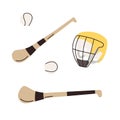 Hurling game stick, ball and helmet icons. Gaelic football sport equipment. Vector illustration on white background Royalty Free Stock Photo