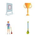 Hurling icons set cartoon vector. Player in helmet and hurling equipment