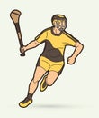 Hurling sport player action. Irish Hurley sport cartoon graphic vector.