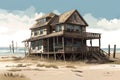 Hurricane beach damaged house disaster. Generate Ai
