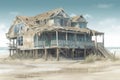 Hurricane beach damaged house ocean. Generate Ai