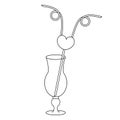 Hurricane cocktail glass. Heart shaped double straw decoration. Sketch. A romantic device for a couple of lovers. Vector.