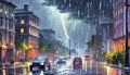 Storm in big metropolis at night with cars in the streets. AI generated