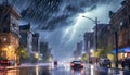 Storm in big metropolis at night with cars in the streets. AI generated