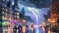 Storm in big metropolis at night with cars in the streets. AI generated