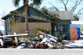 Hurricane damaged building with No Trespassing sign