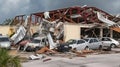 Hurricane destroyed industrial building with damaged cars under ruins. Generative AI