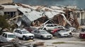 Hurricane destroyed industrial building with damaged cars under ruins. Generative AI