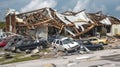 Hurricane destroyed industrial building with damaged cars under ruins. Natural disaster and its consequences. Generative AI