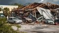 Hurricane destroyed industrial building with damaged cars under ruins. Natural disaster and its consequences. Generative AI
