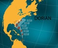 Hurricane Dorian. Florida`s east coast. World map. Vector illustration