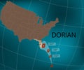 Hurricane Dorian. Florida`s east coast. World map. Vector illustration