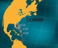 Hurricane Dorian. Florida`s east coast. World map. Vector illustration