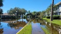 Hurricane Ian flooded houses in Orlando Florida UCF residential area. Water natural disaster