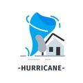 Hurricane icon with blue violent wind whirl, gray house with broken roof and tree. Natural disaster. Flat vector Royalty Free Stock Photo