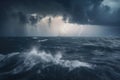 hurricane swirling over the ocean, with lightning strikes and rain