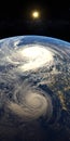 Hurricane visible above the earth, satellite view. Elements of this image furnished by NASA