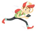 Hurriying kid with smartphone. Running cartoon character
