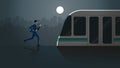 Businessman run for last train in public transportation station at dark night