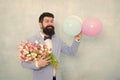 Hurry up to enjoy the spring. bride groom at wedding party. spring bouquet. hipster with beard. love date with flowers Royalty Free Stock Photo