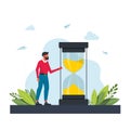 Hurrying man and hourglass. Modern flat colorful vector illustration for poster, banner