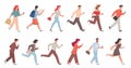 Hurrying people. Flat male and female characters, running citizens in casual clothes, simple workers and students late, busy men