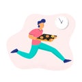 Hurrying pizza delivery man with tasty fresh pizza.