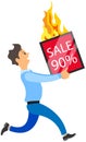 Man in hurry advertises sale, ninety percent discount. Time management, overwork and deadline