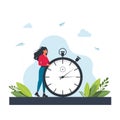 Hurrying woman and stopwatch. Concept time management, effective planning for productive work, stressful task, deadline