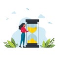 Hurrying woman and hourglass. Concept of time management. Modern flat colorful vector illustration for poster, banner