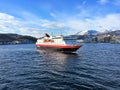 The Hurtigruten ship MS Nordlys entering Harstad harbour.