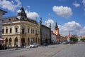 Rakovnik, Czech Republic - July 2, 2022 - the Hus Square with the town hall and historical houses on a sunny summer afternoon
