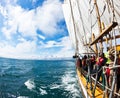 HUSAVIK, ICELAND - JUNE 19, 2013: Whale Watching on a traditional icelandic sailboat.