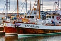 Traditional whale watching boats lying in the harbor of Husavik