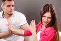 Husband apologizing wife. Angry upset woman. Royalty Free Stock Photo