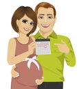 Husband and his pregnant wife pointing to calendar