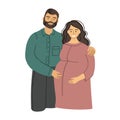 Husband and pregnancy wife family standing together. Couple expecting a baby. Man and pregnancy woman are hugging. Flat Royalty Free Stock Photo