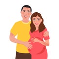 Husband and pregnant wife hugging and smiling. Family relation. Romantic feelings and love. Vector illustration