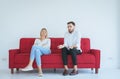 Husband quarrel with wife conflict and boring couple in the living room,Negative emotions