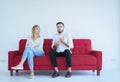 Husband quarrel with wife conflict and boring couple in the living room,Negative emotions