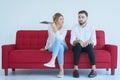 Husband quarrel with wife conflict and boring couple in the living room,Negative emotion Royalty Free Stock Photo