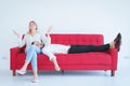 Husband snore with wife conflict and boring couple in the living room at house,Negative emotion Royalty Free Stock Photo