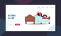 Husband Suffering of Sleeping Wife Snoring Landing Page Template. Female Character Snore at Sleep