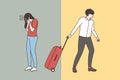 Husband with suitcase leave unhappy crying wife