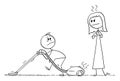 Husband Using Vacuum Cleaner, Angry Wife is Watching Him , Vector Cartoon Stick Figure Illustration