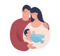 Husband and wife with a baby in her arms. A man hugs a woman with a child. Concept illustration about family, motherhood